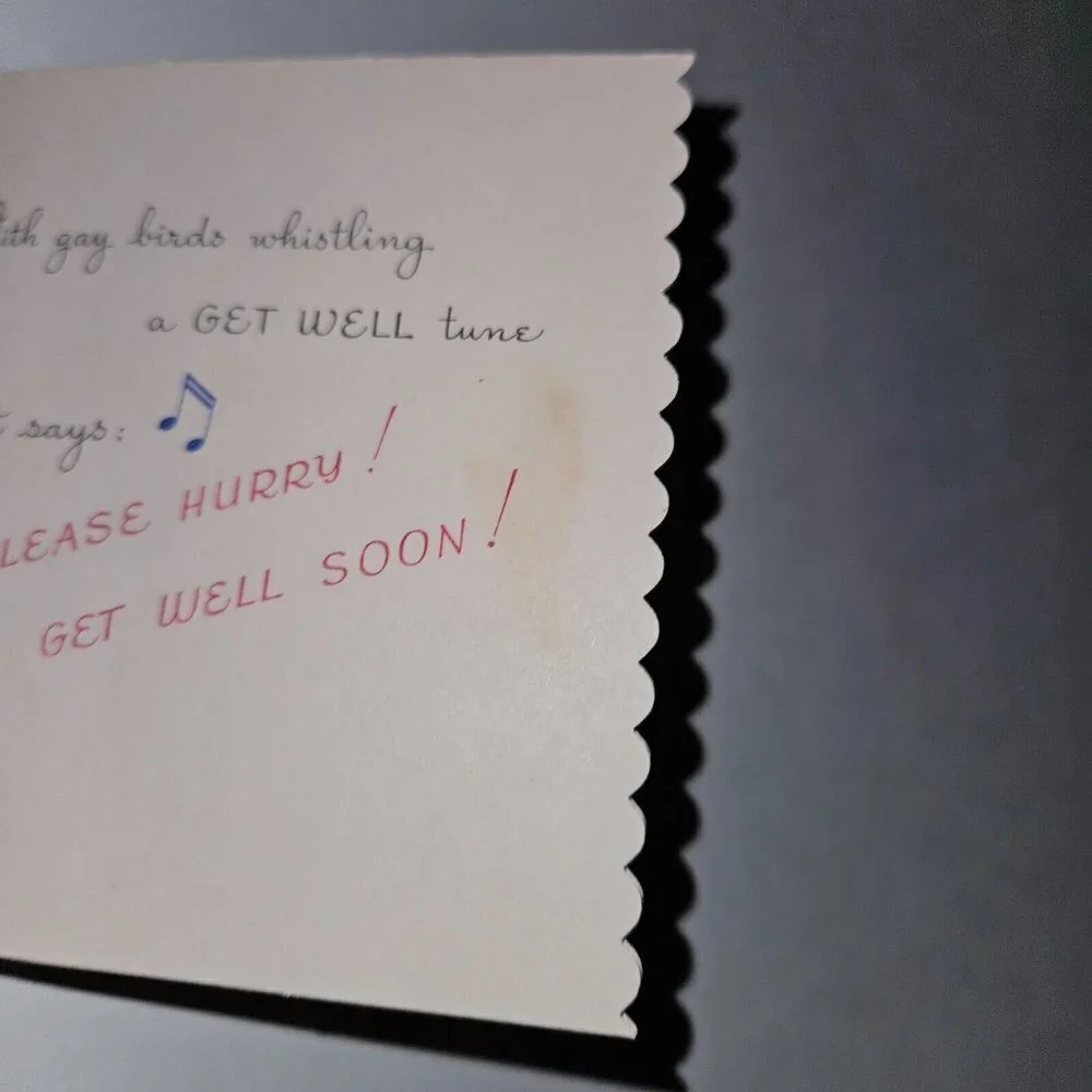 VTG Get Well Greeting Card Boy Girl Gay Birds Whistling Tune Scalloped Edge 4x4